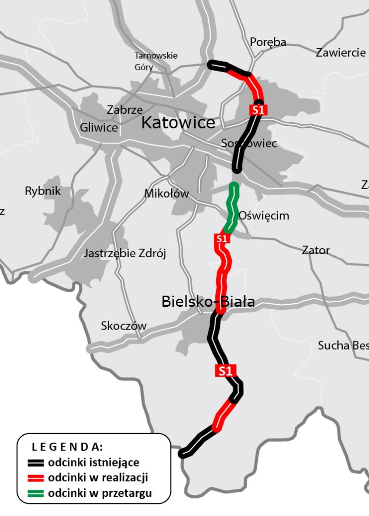 Mapa stanu drogi ekspresowej S1. Źródło: GDDKiA
